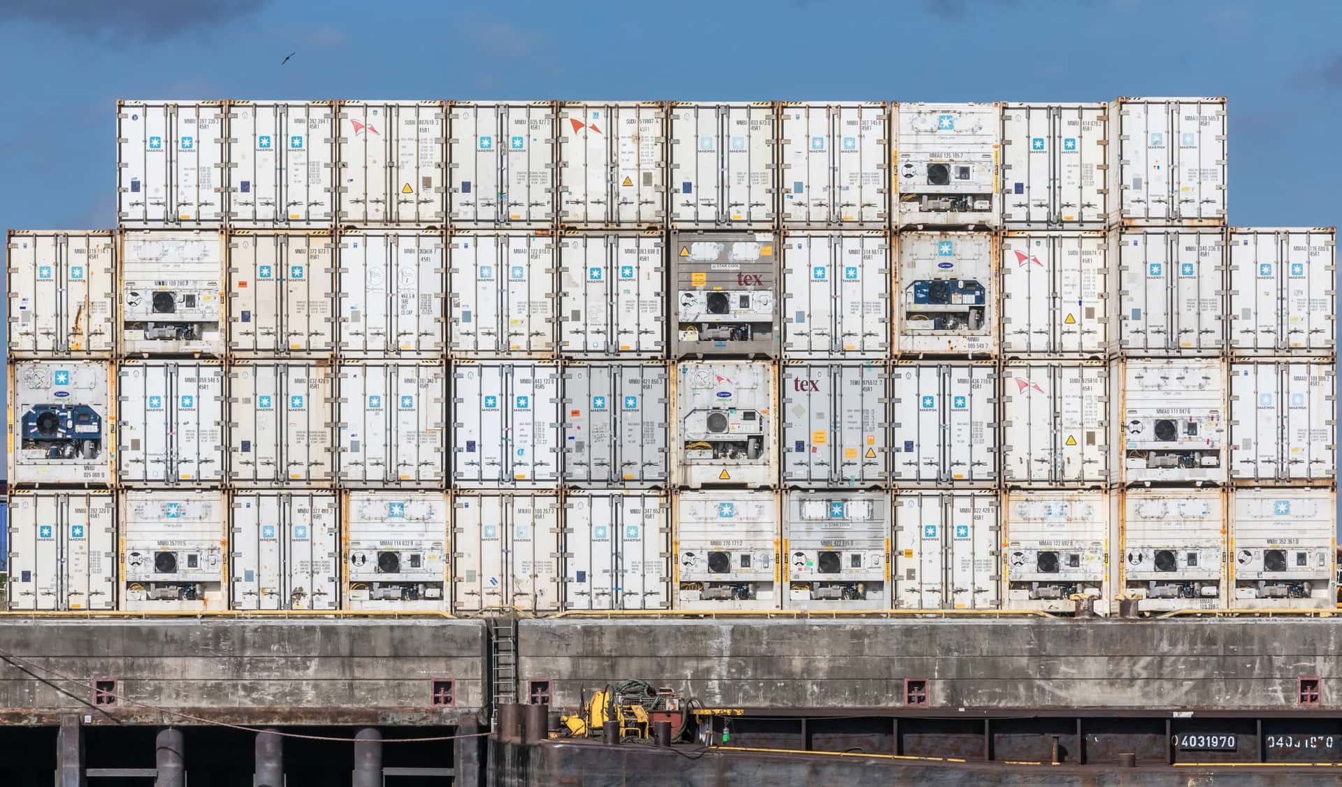A wall of 40-foot high cube reefer containers with their machinery ends facing out, Port of Hamburg