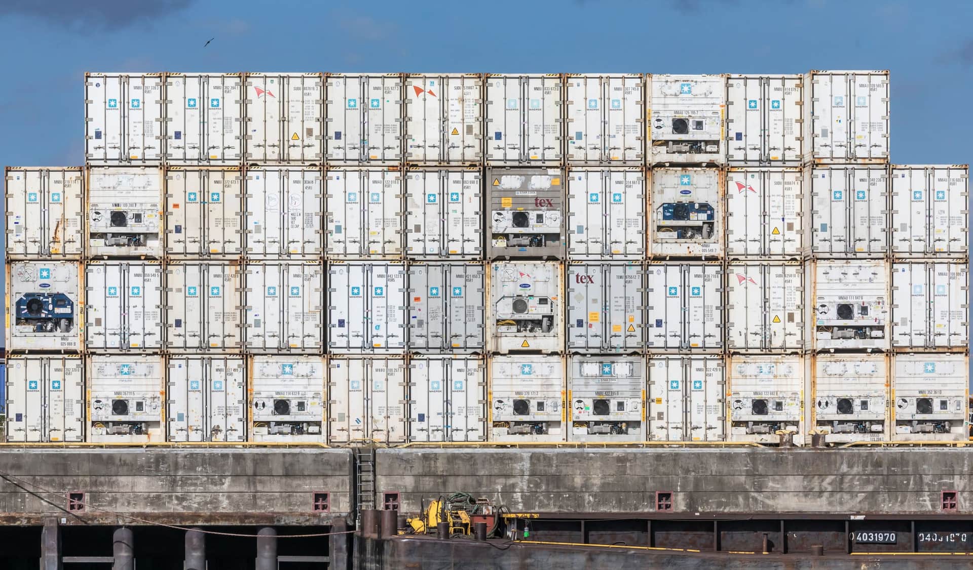 A wall of 40-foot high cube reefer containers with their machinery ends facing out, Port of Hamburg