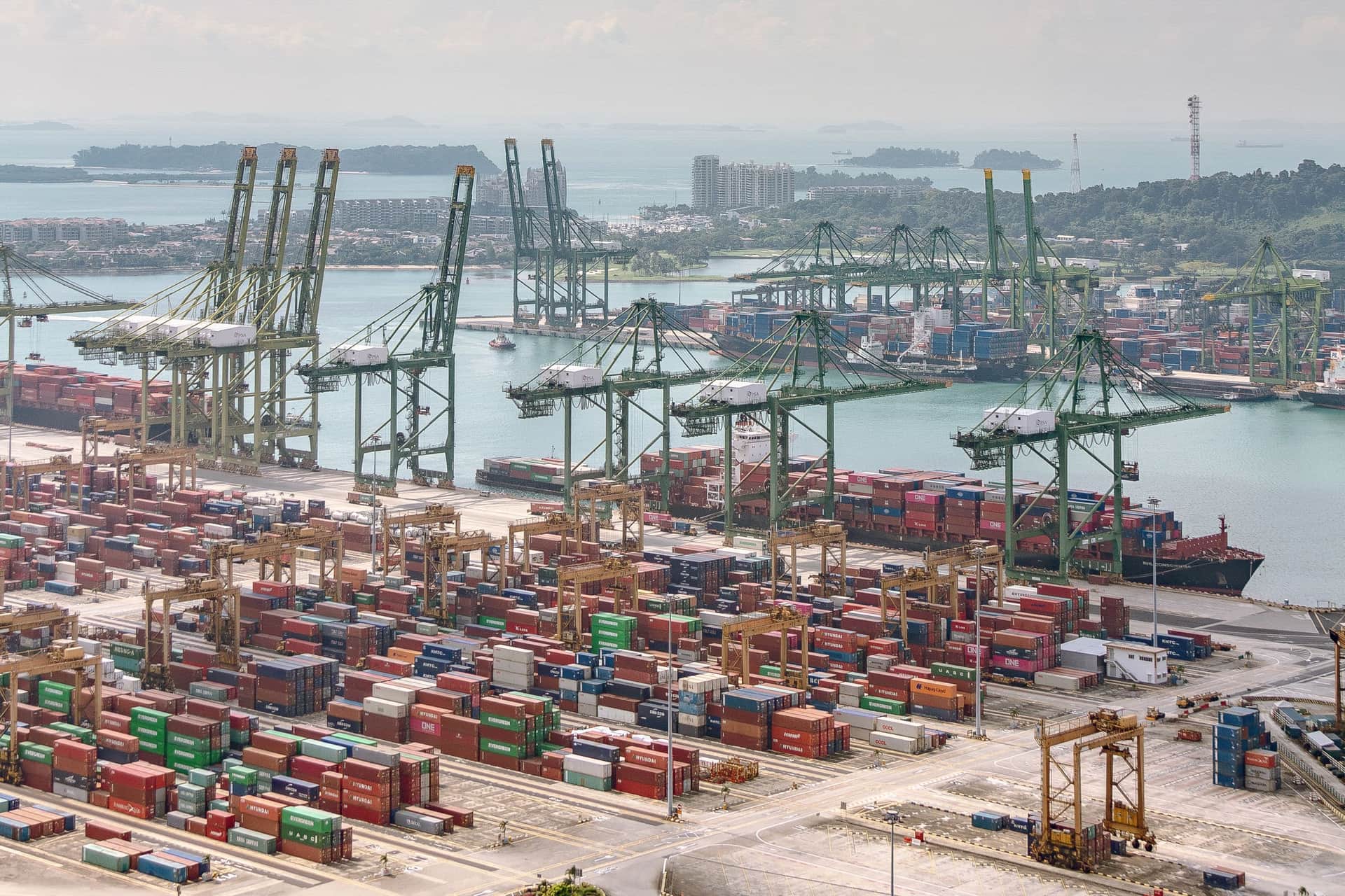 Tanjong Pagar and Keppel container terminals in Singapore seen from above, with Sentosa beyond